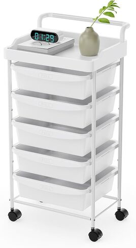 5 Tier Rolling Cart with 5 Drawers, Utility Cart with Drawers and Tabletop, Multipurpose Rolling Storage Cart Storage Drawer Cart Organizer with Lockable Wheels for Home Office School, White in Saudi Arabia