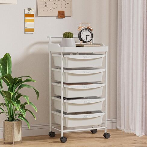 5 Tier Rolling Cart with 5 Drawers, Utility Cart with Drawers and Tabletop, Multipurpose Rolling Storage Cart Storage Drawer Cart Organizer with Lockable Wheels for Home Office School, White in Saudi Arabia
