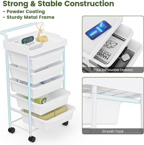 5 Tier Rolling Cart with 5 Drawers, Utility Cart with Drawers and Tabletop, Multipurpose Rolling Storage Cart Storage Drawer Cart Organizer with Lockable Wheels for Home Office School, White in Saudi Arabia
