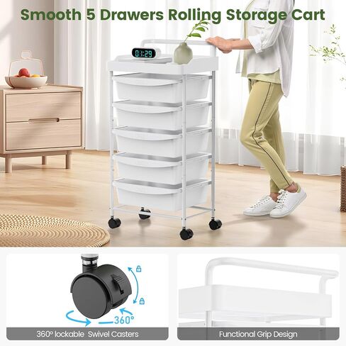 5 Tier Rolling Cart with 5 Drawers, Utility Cart with Drawers and Tabletop, Multipurpose Rolling Storage Cart Storage Drawer Cart Organizer with Lockable Wheels for Home Office School, White in Saudi Arabia