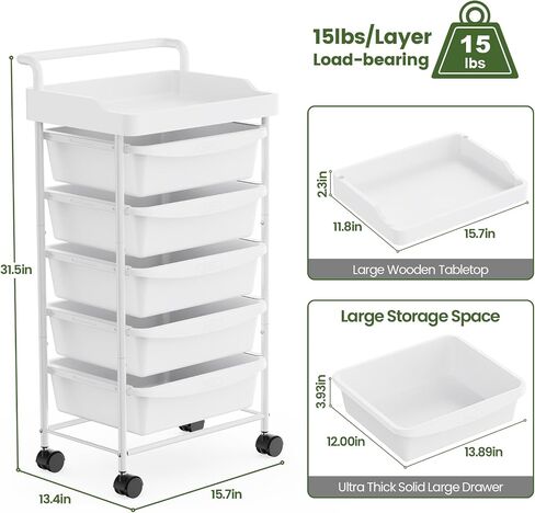 5 Tier Rolling Cart with 5 Drawers, Utility Cart with Drawers and Tabletop, Multipurpose Rolling Storage Cart Storage Drawer Cart Organizer with Lockable Wheels for Home Office School, White in Saudi Arabia