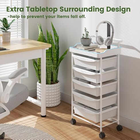 5 Tier Rolling Cart with 5 Drawers, Utility Cart with Drawers and Tabletop, Multipurpose Rolling Storage Cart Storage Drawer Cart Organizer with Lockable Wheels for Home Office School, White in Saudi Arabia