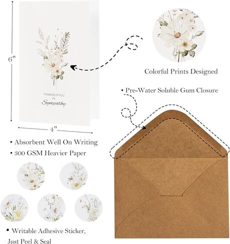 Crisky 4 Pack Watercolor White WildFlower Sympathy Cards with Envelopes Sealed 4 Assortment Condolence/Bereavement Cards in Saudi Arabia