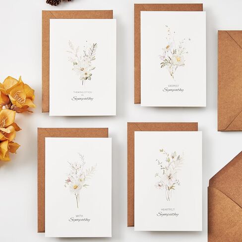 Crisky 4 Pack Watercolor White WildFlower Sympathy Cards with Envelopes Sealed 4 Assortment Condolence/Bereavement Cards in Saudi Arabia