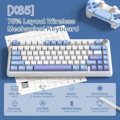 ATTACK SHARK X85 Wireless Mechanical Gaming Keyboard with Knob Hot Swappable BT/2.4GHz/USB-C Side Print PBT Keycaps 75% Gasket Keyboard RGB Coiled Cable Linear White Jade Switch for PC/MAC/Win in Kuwait