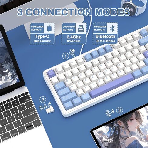 ATTACK SHARK X85 Wireless Mechanical Gaming Keyboard with Knob Hot Swappable BT/2.4GHz/USB-C Side Print PBT Keycaps 75% Gasket Keyboard RGB Coiled Cable Linear White Jade Switch for PC/MAC/Win in Kuwait