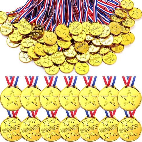 100 Pieces Kids Plastic Winner Award Medals Winner Medals Gold Silver Bronze Winner Medals for Parties, Games, Sports, Dress up and More, 1.4 x 1.7 Inches (Gold) in Saudi Arabia