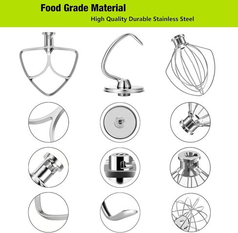 مرفقات خلاط الحامل الفولاذ المقاوم للصدأ 3 قطعة للمطبخ 5.5-6 QT خلاط حامل الميل. يتضمن 6 أسلاك ، خافق مسطح ، خطاف العجين لـ Kitchenaid 6 Qt Bowl in Kuwait
