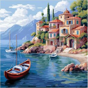 Xinpinzhou Riverside Landscape 11ct Cross Stitch Kits, 11 CT Funny Pre Printed Counted Stamped Cross Stitch Embroidery Needlepoint Patterns Kits for Beginners Adults Crossstitch 40x40 cm