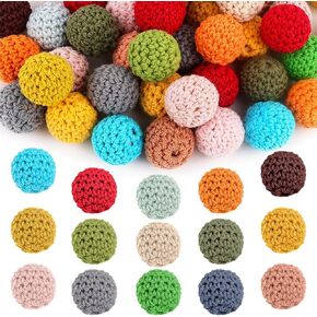 Framendino, 60 Pack Wooden Crochet Beads 16mm Assorted Color Cotton Covered Bead Round Wood Knitting Ball for DIY Crafts Bracelet Jewelry Making