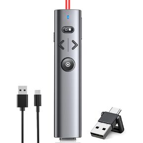 2-in-1 USB Type C Presentation Clicker with Red Laser Pointer, Rechargeable Wireless Clicker for Powerpoint Presentations Support Hyperlink Volume Control, Presentation Remote for Mac Windows Keynote