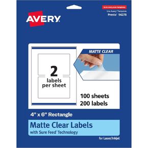 Avery Matte Clear Rectangle Labels ، 4 "× 6" ، 100 ملصقات ، طباعة إلى الحافة ، ليزر/حبر قابلة للطباعة