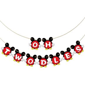 Oh Twodles Banner, Happy 2nd Birthday Party Decor for Boys, Red Mouse 2nd Birthday Party Decorations Supplies, Red,Black