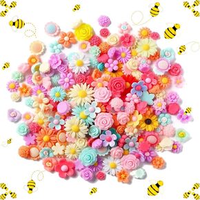 100Pcs Flatback Resin Flower Charms&130Pcs Tiny Resin Bees Crafts for DIY Embellishments Wreath Scrapbooking Hair Clip Decor Party Supplies