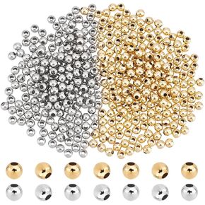 UNICRAFTALE About 500pcs Golden 304 Stainless Steel Beads Round Spacer Metal Beads Tiny Smooth Beads for Jewelry Making About 3mm in Diameter.