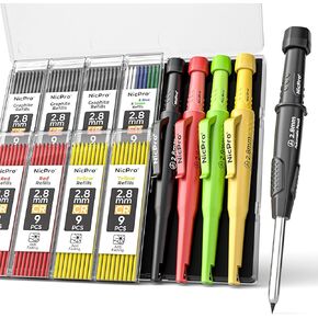 Nicpro 4 Pack CP3000 Carpenter Pencil with Sharpener, Mechanical Pencils Set with 76 Refills, Heavy Duty Construction Pencil, Carpenter Tools for Architect Marking (Red, Black, Yellow, Green)