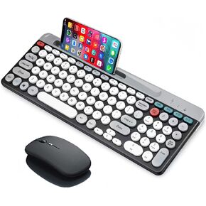 Wireless Keyboard and Mouse Combo with Phone Tablet Holder, Rechargeable Dual-Mode (Bluetooth 5.0 and 3.0 +2.4G) Multi-Device Silent Mouse for Windows, iPad, Tablet, MacOS,iOS,Android (White+Grey)