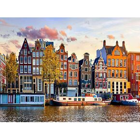 Eatukyic Diamond Painting City أمستردام هولندا ترقص المنازل فوق نهر Amstel في المدينة الأوروبية القديمة ، منظر الربيع للبالغين مجموعات الرسم الماسي مثالية لديكور الجدار المنزلي 12x16 بوصة