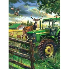 Goldyyyfrog Tractor Deer Diamond Painting Kits للبالغين ، DIY 5D مركبة فن الماس ، تدريبات كاملة للبالغين ، للديكور المنزلي المبتدئين هدية 12x16 بوصة
