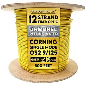 Armored 6 Strand Indoor Fiber Optic Distribution Cable, OS2 9/125 Singlemode, Corning Optical Fiber, Riser Rated, Yellow, Spool, 500 Feet