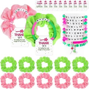 10 مجموعات Green and Pink Witch Party Gift for Girls Friendship Magic Bracelet و Scrunchie Bulk for Teen تحت عنوان حفلة عيد ميلاد ملهمة شكرًا لك على الهدايا (موضوع شرير)