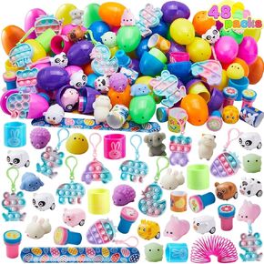 Joyin 48 pcs بيض عيد الفصح مملوءة بمن ألعاب متنوعة ، ألعاب تخفيف الإجهاد لصيد بيض عيد الفصح ، حشوات السلة ، تفضل الحفلات ، وحشو حقيبة Goodie