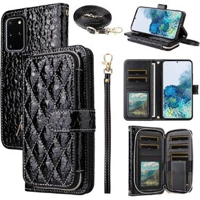 Argyle Wallet Case for Samsung Galaxy S20 Plus S20+ 5G with Crossbody/Wrist Strap Luxury PU Leather Stand Zipper Purse Shockproof Cell Phone Cover for S20+5G S20plus 20S + S2O S 20 20+ G5 Red