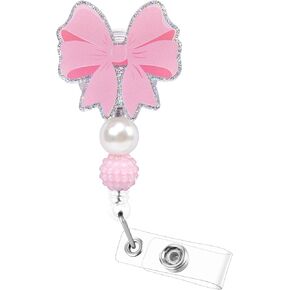 yuboo pink bow badge bead مع حبة ، حامل شارة معرف لطيف ، مقطع قابل للسحب ، شارة بكرة التمريض ، coquette girly t everyer beend