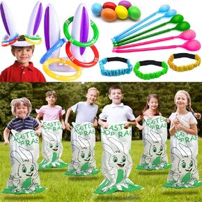 31 PCS Easter Games Set for 6 Players - 6 Potato Stack Race Facs ، Begh & Spoon Race ، 3 3 -legged leghed ، 2 Bunny Ear Ring Troam - Kids Family Easter Carnival Party party action