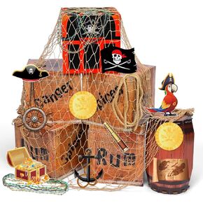 28 PCS Pirate Pirate Party Decorations Treasure Treasure Boxes Wooden Jewelry Fishing Net Net Adventure Cardboard Joxes for Pirate Nautical Caribbean Party Party Provors Photo Booth Props