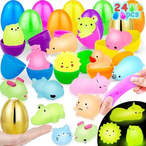 1 بيضة ذهبية 24 بيض عيد الفصح مملوءة مع توهج في ألعاب Squishies Dark Mochi ، حشوات سلة عيد الفصح الضرورية للأطفال الصغار.