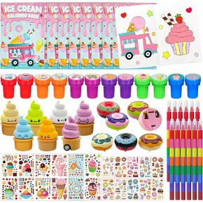 Cinrobiye 144 Pcs Ice Cream Party Favors Bulk, Candyland Donut Birthday Goodie Bag Fillers, Sweet Candy Party Coloring Books with Rainbow Crayons DIY Craft Kit for Summer Party Classroom Rewards