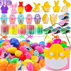 31Packs Prefilled Easter Eggs with Toys,Filled Easter Eggs for Kids with Bulk Small Toys for Easter Basket Stuffers Easter Treats,Treasure Box Classroom Prizes Toys Gifts Bulk for Kids