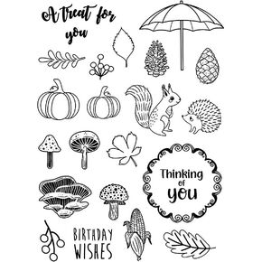 Spring Squirrel Pinecone Pumpkin Clear Stamps Autumn Mushroom Umbrella Pattern Transparent Seal Stamps for Holiday Card Making Decoration and DIY Scrapbooking Album DIY Crafts