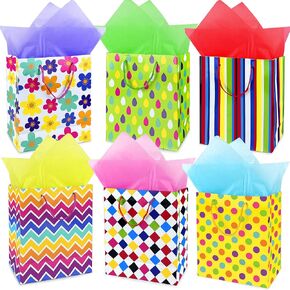 MUMULULU 6 PACK HIP GIFT FACS متوسطة الحجم مع المقبض والورق الأنسجة العناصر الهندسية الملونة النمط حقائب الهدايا لحفل عيد ميلاد هدايا حفل زفاف