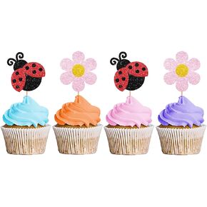 24pcs Ladybug Cupcake Toppers ، Sign Sign Sign Cupcake Toppers ، Pink Flower Sicser