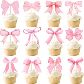 48pcs Coquette Bow Cupcake Toppers ، Pink Bow Coquette Cake Cake Decorations for Bachelorette Bridal Lainged