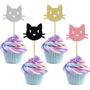 12 PCS Cat Cupcake Toppers, Multicolor Glitter Kitten Cake Decorations for Cat Lovers or Pet Theme Party Kids Birthday Parties Supplies