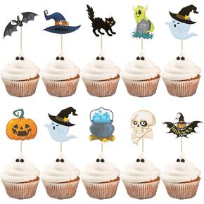 Gyufise 36pcs Halloween Cupcake Topcake Halloween Pumpkin Cat Bat Ghost Cake Decorations for Halloween Thief Babyshower Kids Birthday Supplies