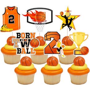 JOYMEMO 36 Pieces Born Two Ball Basketball Birthday Cupcake Toppers - Basketball Themed 2nd Birthday Party Decorations Boys, Double Sided Born 2 Ball Cake Decor for Sport Theme Bday Party Supplies