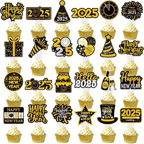 umoni 48pcs 2025 New Year Cupcake Toppers - Black & Gold Glitter - Non-Edible - 24 Designs - Perfect for New Year's Party Decorations