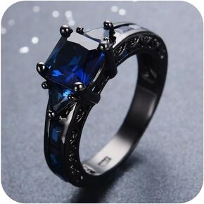 18k Black Gun Princess Square Perfect Cut Sapphire CZ Crystal Wedding Band Ring Black Gold Jewelry