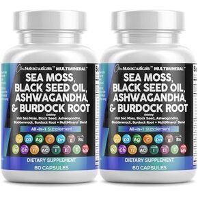 Clean Nutraceuticals Sea Moss 3000mg Black Seed Oil 2000mg Ashwagandha 1000mg Turmeric 1000mg Bladderwrack 1000mg Burdock & Vitamin C D3 with Elderberry Manuka D, Iodine Chlorophyll ACV - 2Pack