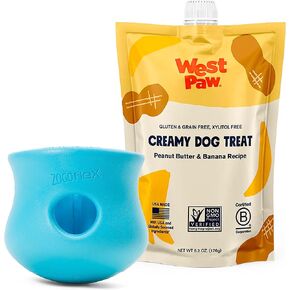 West Paw Zogoflex Toppl & Creamy Treats Peanut Butter Banana Bundle | علاج ألغاز لعبة الكلاب - لعبة الكلب للمضغات المعتدلة ، الجلب ، الصيد - يحمل kibble ، يعامل ، كبيرة ، أكوا