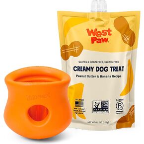 West Paw Zogoflex Toppl & Creamy Treats Peanut Butter Banana Bundle | علاج ألغاز لعبة الكلاب - لعبة الكلب للمضغات المعتدلة ، الجلب ، الصيد - يحمل kibble ، يعامل ، صغير ، اليوسفي