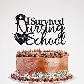 I Survived Nursing School Cake Topper, Congrats Nurse Cake Toppers, Nursing School Survivor Cake Topper, 2025 Nurse Graduation Party Decorations Black Glitter