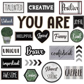 26Pcs Modern Farmhouse Inspirational Bulletin Board Motivational Sayings Paper Cutouts with 100Pcs Glue Points for Back to School Party Classroom Craft Wall Decor