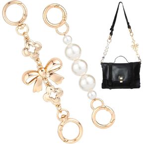 2 Pcs Bow Pearl Bag Extender, Metal Short Purse Extender Chain with 2 Buckles, Bag Chain Replacement Strap for Women Shoulder Bags, Handbags - Gold