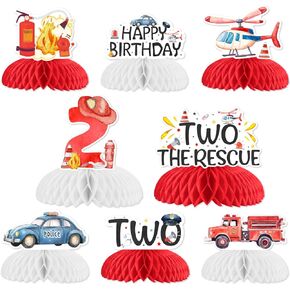8pcs مركبة الطوارئ مركبة عيد ميلاد اثنين اثنين من الانقاذ عيد ميلاد العسل مركزية الشاحنة الإطفاء مركبة ديكور عيد ميلاد 2nd للبنين إنقاذ مركبات أعياد الميلاد الثانية لوازم الحفلة