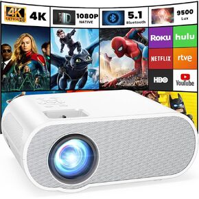 جهاز عرض HOMPOW، جهاز عرض بلوتوث أصلي 1080 بكسل عالي الدقة مع مكبر صوت، جهاز عرض صغير محمول للأفلام بقوة 9500 لومن متوافق مع الكمبيوتر المحمول والهاتف الذكي وعصا التلفزيون وXbox وPS5